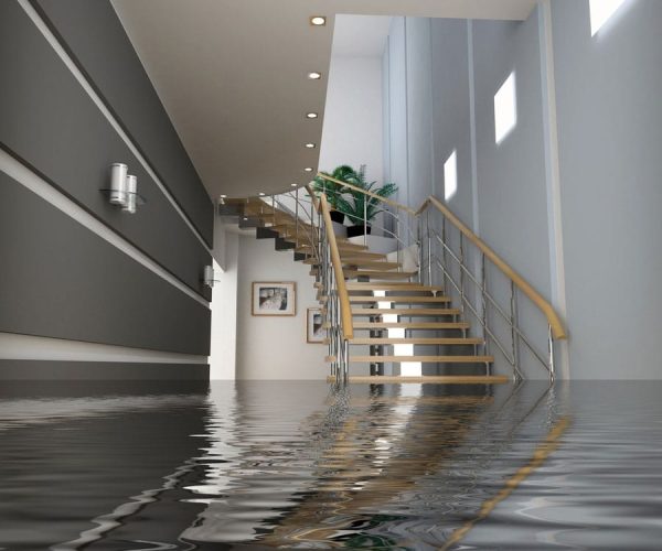 commercial-flood-damage-restoration modern interior with stair under the water(3D)