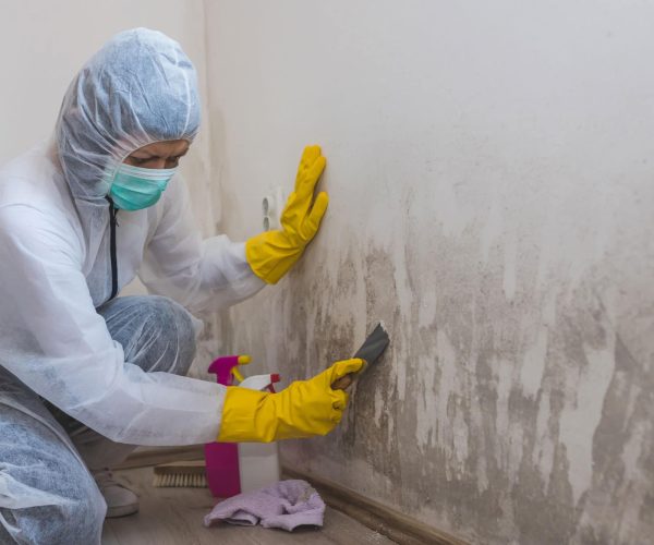 Female worker of cleaning service removes mold from wall using spray bottle with mold remediation chemicals, mold removal products and scraper tool.